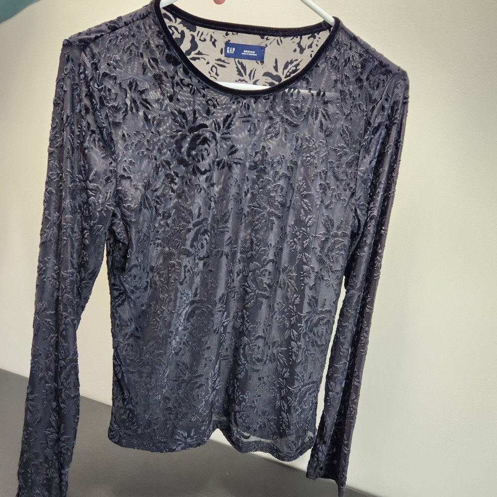 GAP Womens‎ Black Velvet Burnout Floral Mesh Long Sleeve Top Crew Neck Medium